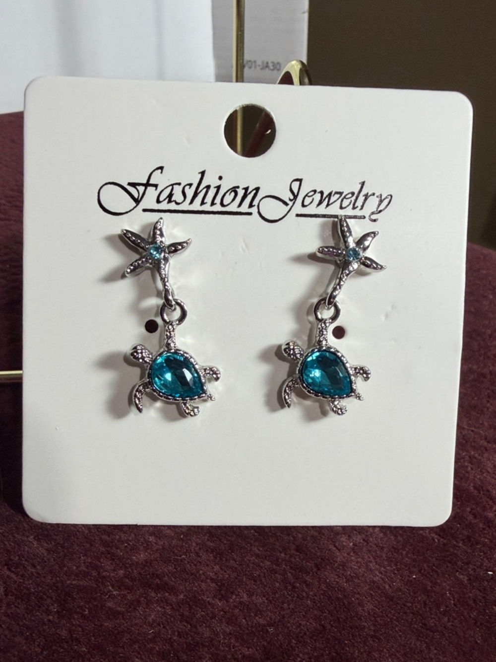 Boho Silver Tone Blue Crystal Turtle Starfish Earrings